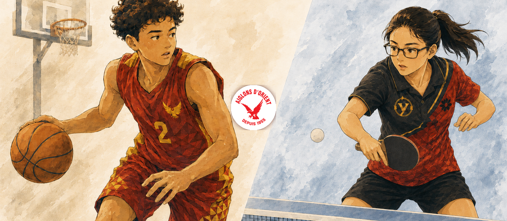 Un basketteur et une pongiste en action aux couleurs des Aiglons d’Orient