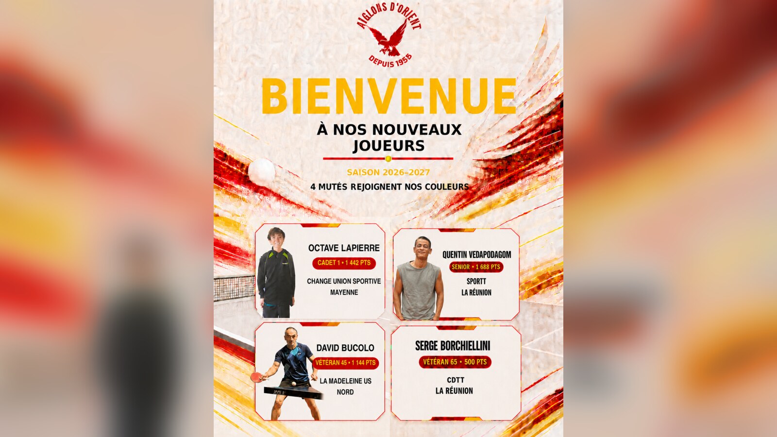 Affiche de bienvenue présentant Octave Lapierre, Quentin Vedapodagom, David Bucolo et Serge Borchiellini