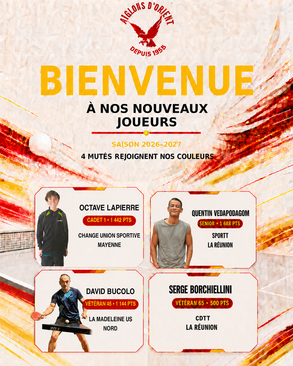 Affiche de bienvenue présentant les quatre joueurs mutés Octave Lapierre, Quentin Vedapodagom, David Bucolo et Serge Borchiellini