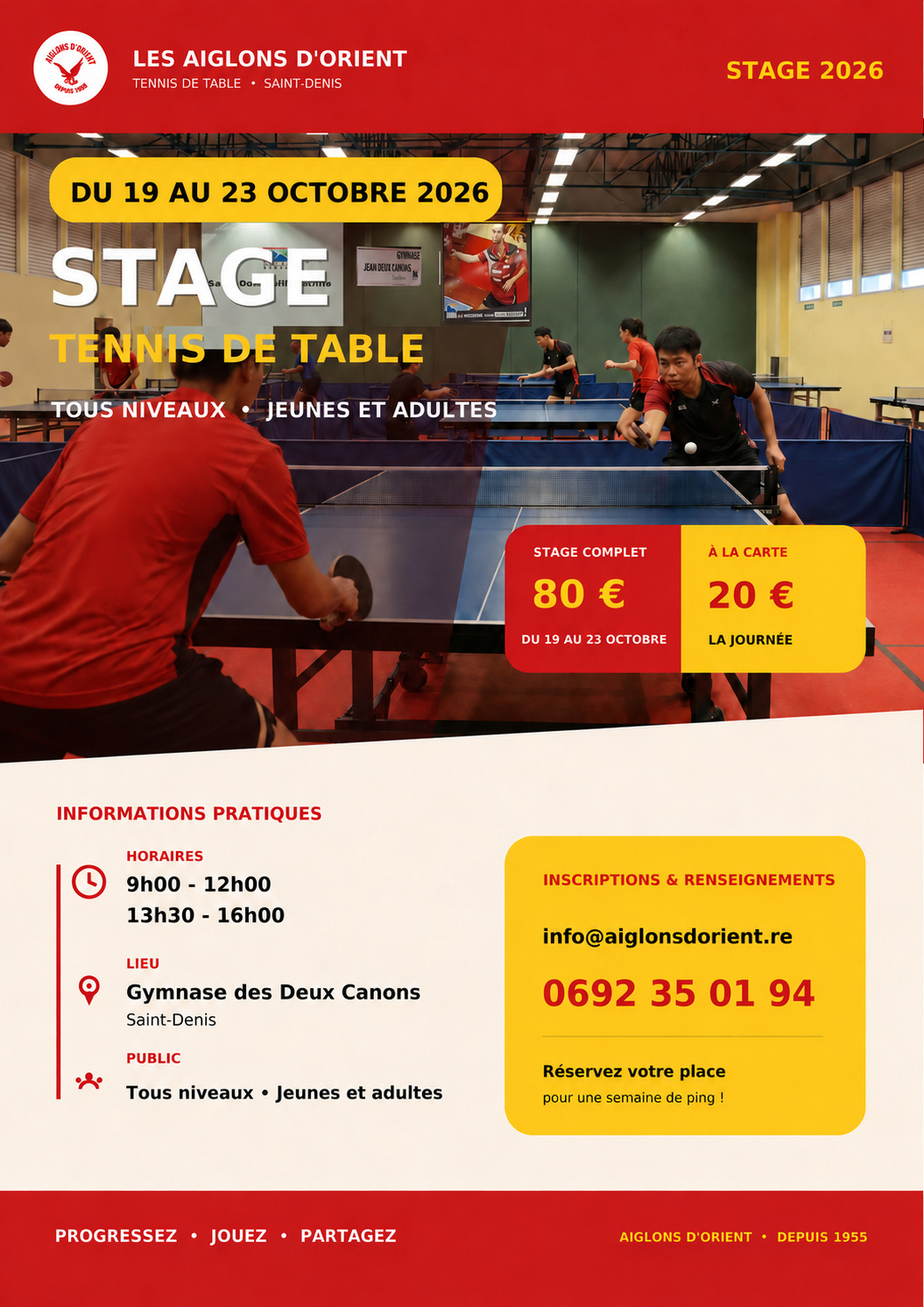 Affiche du stage des Aiglons d’Orient au gymnase des Deux Canons, ouvert aux jeunes et aux adultes de tous niveaux du 19 au 23 octobre 2026